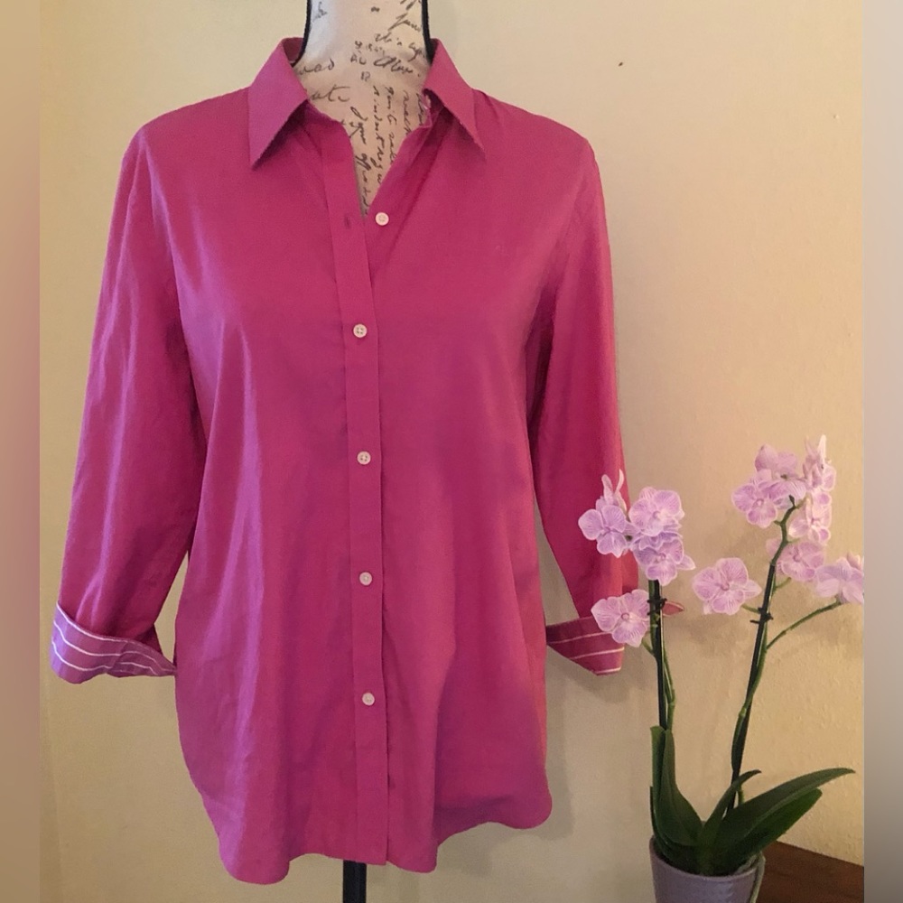 Lauren Ralph Lauren Pink Cotton Button Down with Striped Accentd